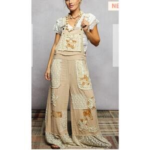 POL Boho Floral Patchwork Wide Leg Overalls Ruffle Bottom Jumpsuit Cream Sz S